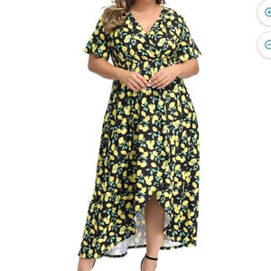 Faux Wrap High Low Lemon Dress